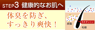 まずはニオイの元となる、毛穴に詰まった皮脂汚れのケアからスタート。現状のニオイの原因となっているノネナールを発生させる皮脂を毛穴から洗い流します。